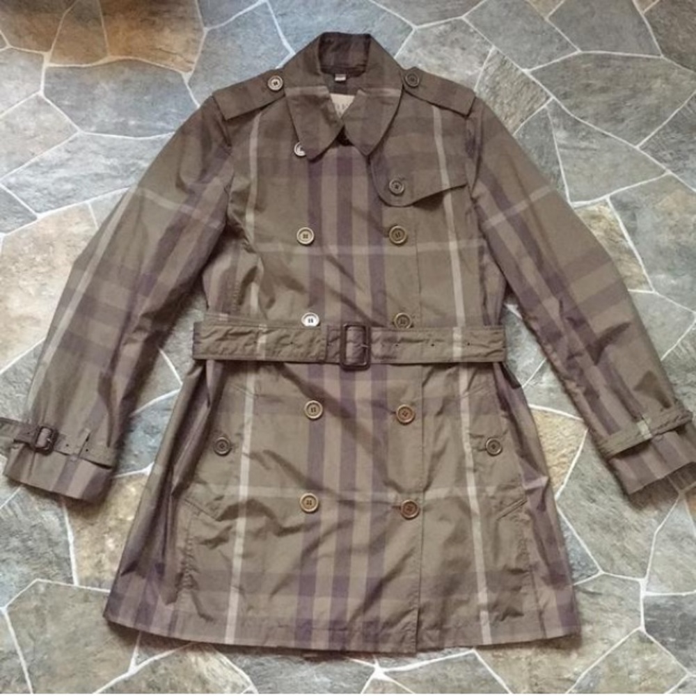 Burberry Brit Olive Check Packable Trench Coat 8P